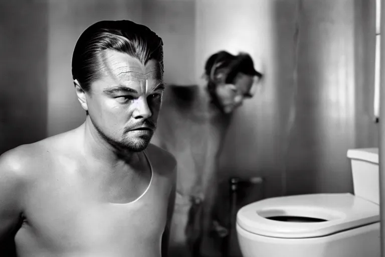 Image similar to leonardo dicaprio cleaning a toilet, ominous lighting, by richard avedon, tri - x pan stock