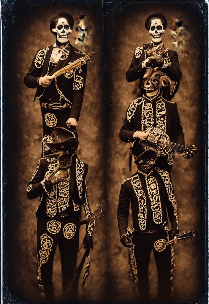 Prompt: tintype full body view, man in mariachi dia de muertos suit and make up, horrific beautiful vibe, evocative, atmospheric lighting, painted, intricate, highly detailed,