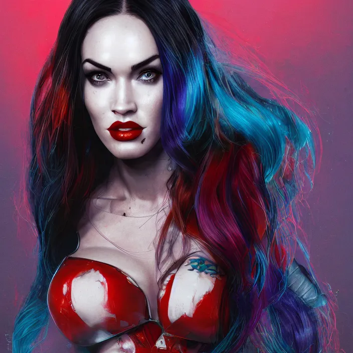 Image similar to portrait of megan fox as a harley quinn. intricate abstract. intricate artwork. by Tooth Wu, wlop, beeple, dan mumford. octane render, trending on artstation, greg rutkowski very coherent symmetrical artwork. cinematic, hyper realism, high detail, octane render, 8k, iridescent accents