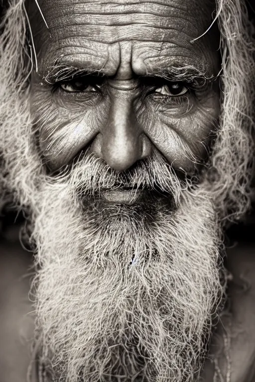 Prompt: a close up face photography of an old Indian sadhu with a beard by maarten schröder and tom bagshaw, studio photography, catchlight in the eyes, melancholic, 70mm lens, dark background, ring lighting, vignette, very detailed, shallow depth of field, trending on 500px, 8K, highly coherent