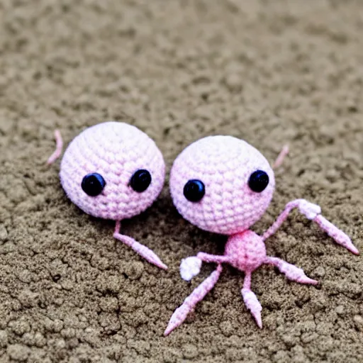 Prompt: two cute tiny fluffy light pink color spiders with short arms and big black button eyes crochet dolls standing on sand, hyperrealistic photograph, highly detailed, tactile, close up, macro