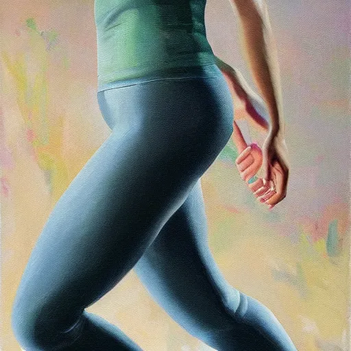 Image similar to realistic oil painting of athletic woman, woke up to yoga pants and uggs boots, alexis flower, wlop, rutkowski, hopper