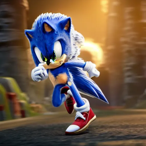 Image similar to hyperrealistic sonic the hedgehog running, stunning 3 d render inspired by istvan sandorfi & greg rutkowski & mike judge, perfect symmetry, dim volumetric cinematic lighting, 8 k octane comprehensive render, extremely mega hyper - detailed and lifelike attributes & atmosphere, intricate, realistic flesh texture, masterpiece, artstation, stunning,