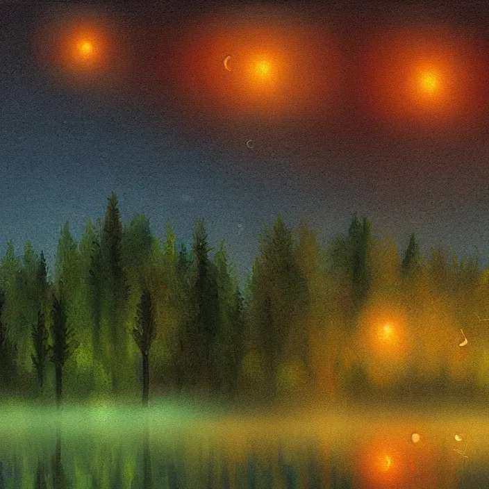 Image similar to lake trees night fireflies glowing above water digital painting concept art