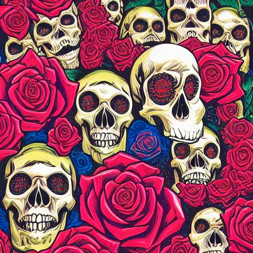 Image similar to ortographic view of large skulls and vivid roses by Jen Bartel and Dan Mumford and Satoshi Kon, gouache illustration, vivid colors