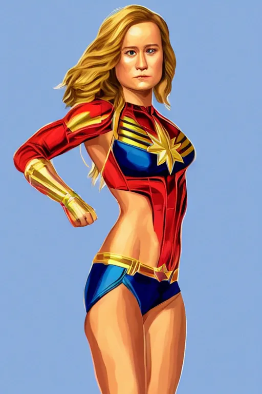 Prompt: full body portrait of a gorgeous petite Brie Larson wearing a micro bikini with a Captain Marvel pattern, wearing a micro bikini, hyper realistic, illustration, trending on artstation, HD, 4k, 8k, intricate detailed anatomy, character design, by james gurney