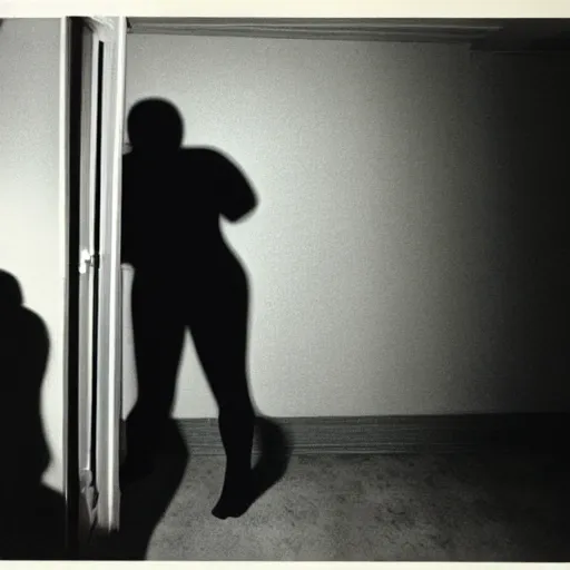 Image similar to a shadow figure standing over the body of a man in a motel room shot on a disposable camera 1 9 7 8 for'real ghost stories magazine ;