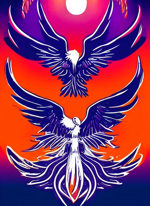 Prompt: white phoenix on salt crystals simple background simplified stylised poster art neat graphic design style holistic on orange and purple flames