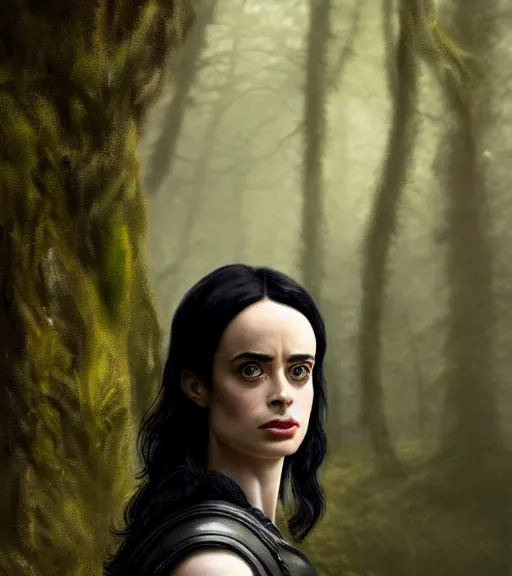 Image similar to 5 5 mm close up portrait photo of krysten ritter as yennefer of vengerberg in black leather armor and black hair, in a forest. magical atmosphere. art by greg rutkowski. lifelike. very detailed 8 k. intricate. soft light. nikon d 8 5 0.