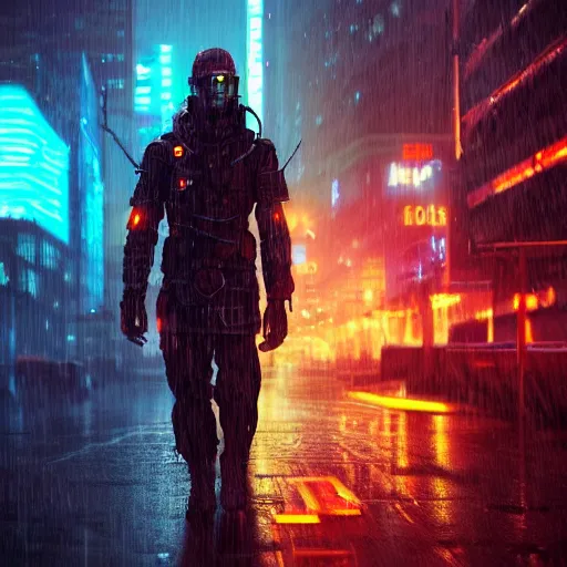 Image similar to cyberpunk soldier in neon city, raining, cinematic lighting, 4 k, by greg rutkowski