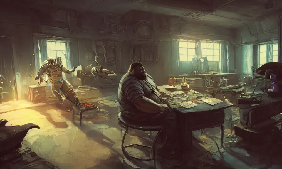 Prompt: artstation scifi scene of a shabby american room in 1 9 7 0 s, a fat man plays dungeons and dragons with ghost, unreal engine 5, hyper realism, realistic shading, cinematic composition, blender render, octane render, hdr, detailed textures, photorealistic, wide shot