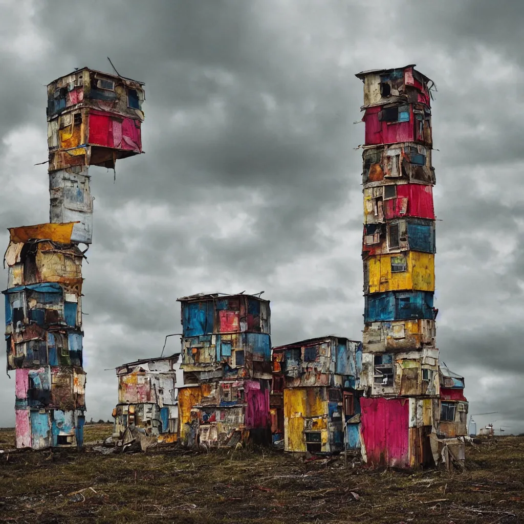 Image similar to close - up view of a tower made up of colourful makeshift squatter shacks, bleached colours, moody cloudy sky, dystopia, mamiya, very detailed, photographed by cristina de middel