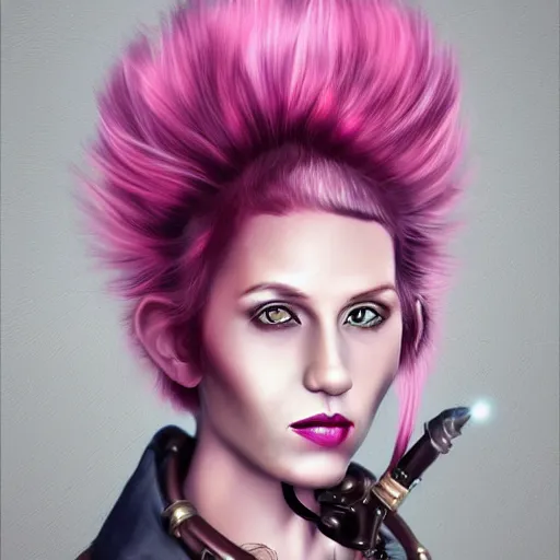 Image similar to a portrait of a steampunk woman with pink hair, digital art, hyperrealistic