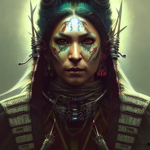 Image similar to portrait painting of a cyberpunk native american elven street samurai, ultra realistic, concept art, intricate details, eerie, highly detailed, photorealistic, octane render, 8 k, unreal engine. art by artgerm and greg rutkowski and charlie bowater and magali villeneuve and alphonse mucha