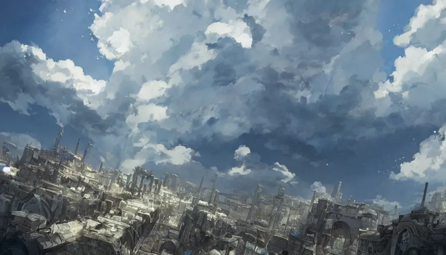 Image similar to a apocalyptic city ruin, fluffy white clouds in the blue sky on a beautiful windy day, trending on pixiv fanbox, painted by takashi takeuchi greg rutkowski makoto shinkai takashi takeuchi studio ghibli