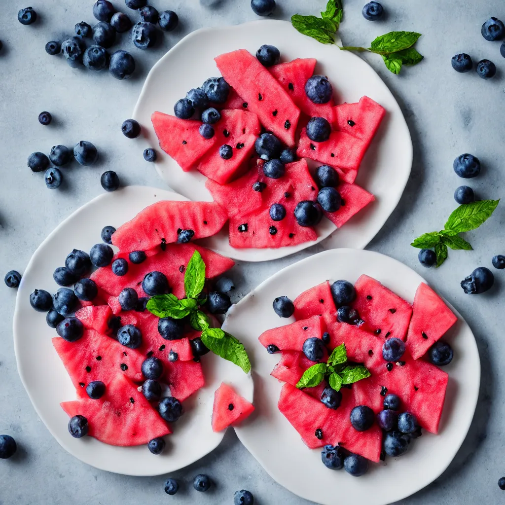 Prompt: blueberry watermelon hybrid on a plate, hyper real, food photography, high quality