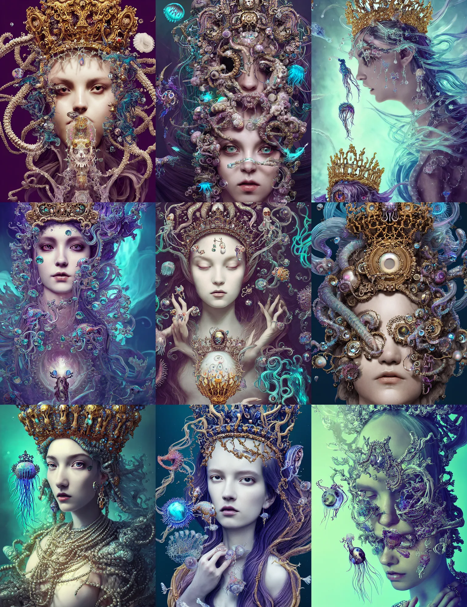 Image similar to baroque bedazzled gothic royalty frames surrounding a goddess macro close - up portrait wigh crown made of ram skull. betta fish, jellyfish phoenix, bioluminiscent, plasma, ice, water, wind, creature, super intricate ornaments artwork by tooth wu and wlop and beeple and greg rutkowski