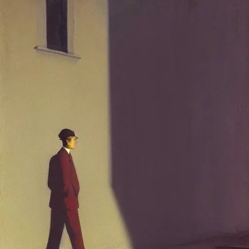 Image similar to man smoking cigarette in shadowy alley near street lamp, by edward hopper, full resolution