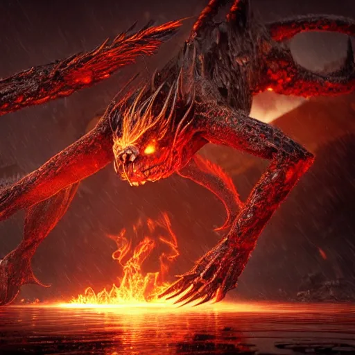 Prompt: A creature made of energy flows of water and fire, a highly detailed epic cinematic concept art CG render, made in Maya, Blender and Photoshop, octane render, excellent composition, dynamic dramatic cinematic lighting, by Dang My Linh