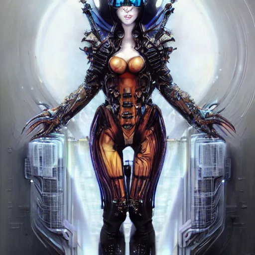 Image similar to a full body beautiful woman wearing a cyberpunk outfit by karol bak, ayami kojima, artgerm, sakimichan, hr giger, blue eyes, weapons, electronics, high tech, concept art, fantasy