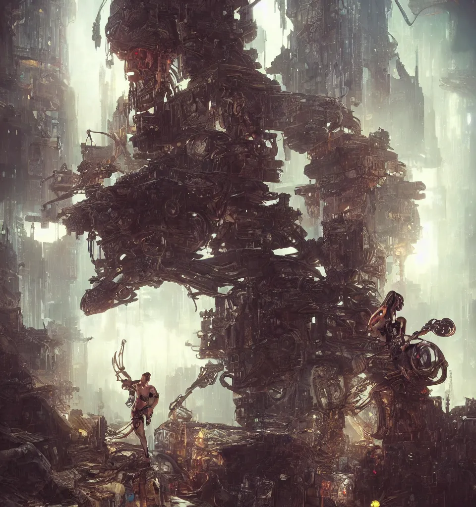 Image similar to cyberpunk gladiator, cinematic, highly detailed, octane render, cg, rich cinematic atmosphere, perfect digital art, mystical journey in strange world, Mystical, cyberpunk, tech war, sci-fi, surreal, glowing lights, sharp focus, high detailed, by Akihiko Yoshida, michael whelan and Karol Bak