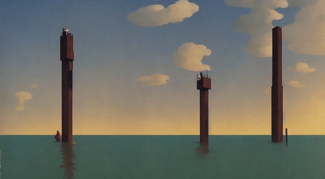 Image similar to single flooded simple wooden tall! tower, very coherent and colorful high contrast!! masterpiece by rene magritte simon stalenhag carl spitzweg syd mead norman rockwell edward hopper james gilleard, minimalist, dark shadows, sunny day, hard lighting