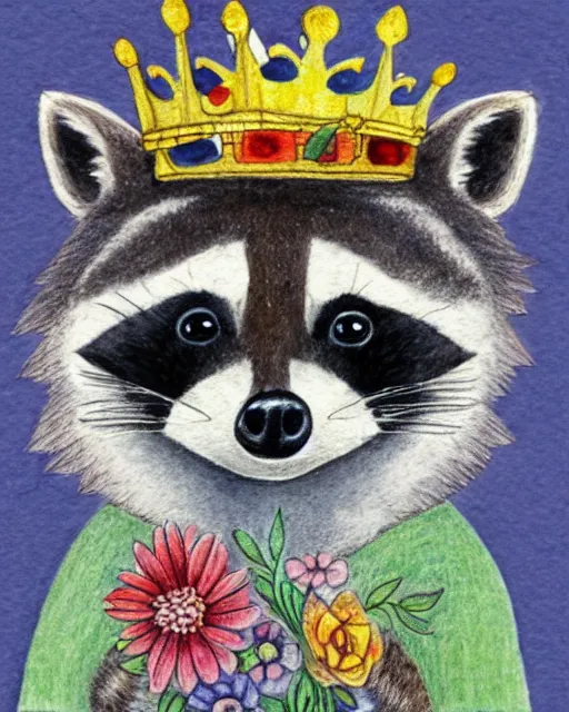 Prompt: a very detailed colored pencil and watercolor portrait of a cute raccoon with a crown of flowers on its head, muted colors, white paper background, watercolor on paper, colored pencil, minimalist, simple, soft colors