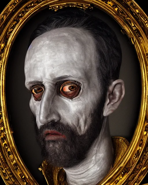 Prompt: realistic portrait of a dead man, dark, gold, silver ornaments, facing camera, photo realistic, detailed, 1 4 5 0, delicate, hyper realism, ultra realistic, 8 k