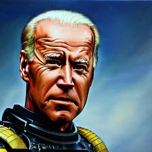 Image similar to joe biden as robocop, realistic oil painting, style of norman rockwell, 8 k, super sharp, ultra detail, rule of thirds,