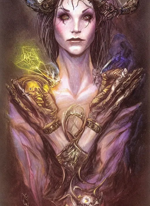 Image similar to portrait of young female sorceress of the endtimes, beautiful! coherent! dungeons and dragons character, by brian froud, strong line, night color, high contrast