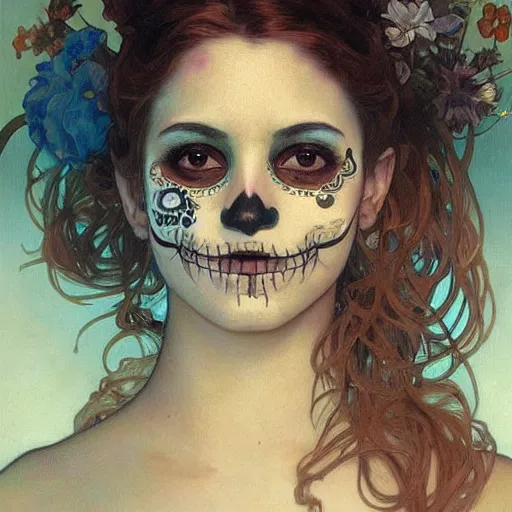 Image similar to realistic detailed painting of a cute Día de los Muertos girl by Alphonse Mucha Ayami Kojima Amano Charlie Bowater, masterpiece