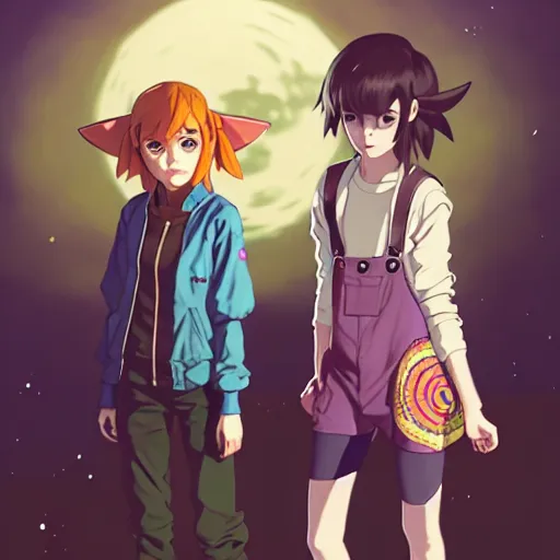 Image similar to beautiful boyish emma watson in majora's mask, wearing oversized mayan bomber jacket with overalls and leotard, bulky poofy bomber jacket with mayan patterns, aztec street fashion, gapmoe yandere grimdark, trending on pixiv fanbox, painted by greg rutkowski makoto shinkai takashi takeuchi studio ghibli, akihiko yoshida