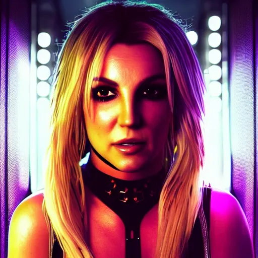 Image similar to britney spears portrait, Cyberpunk 2077, ultra photorealistic, cybernetic body parts, neon, octane, bokeh, 8k