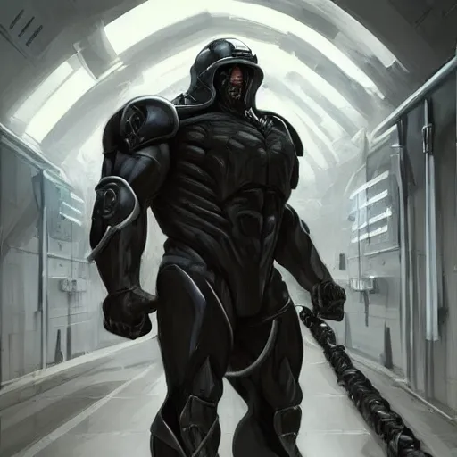 Image similar to a herculean anthro horse with an enormously muscular physique prowling in a black stealth suit, corridor of a high - tech facility, highly detailed, digital painting, artstation, concept art, illustration, art by artgerm, greg rutkowski, wlop