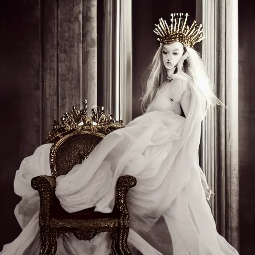 Prompt: beautiful Medusa with Simone Ashley's face, wearing organza gown, in a throne room, fashion photography