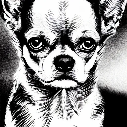 Image similar to portrait of a chihuahua looking angry by martin ansin, comic book art, frank miller, artstation, highly detailed, cinematic, extremely detailed, high quality