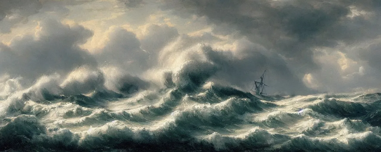 Prompt: a painting depicts waves crashing against a sailboat on rough seas below dark and stormy clouds, montague dawson