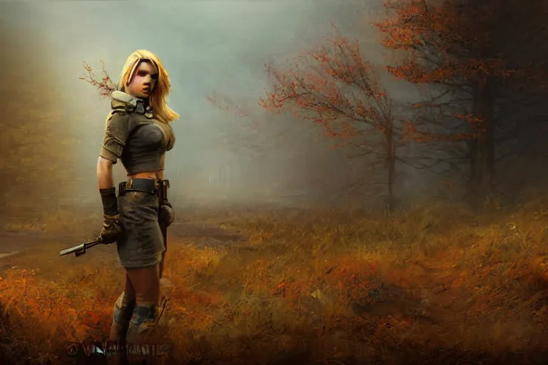 Prompt: fallout 5, charismatic beautiful rugged blonde female protagonist, portrait, outdoors alaskan wilderenis, atmospheric lighting, painted, intricate, volumetric lighting, beautiful, daytime, autumn, overcast weather, foggy, sharp focus, desaturated colours, ultra detailed, art by william turner