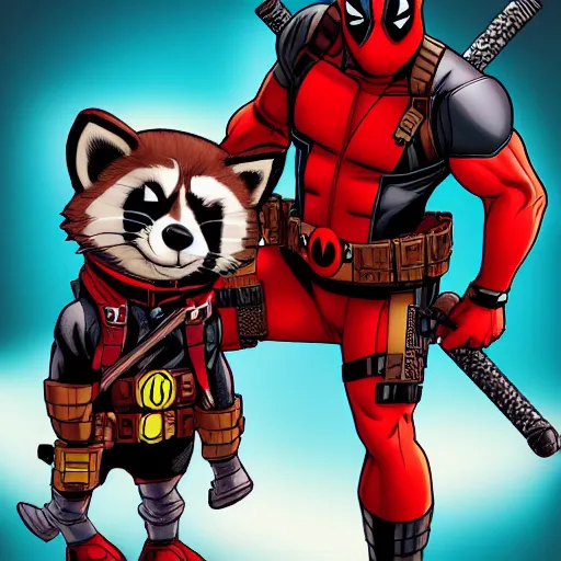 Image similar to deadpool and rocket raccoon together digital art 4 k detailed super realistic