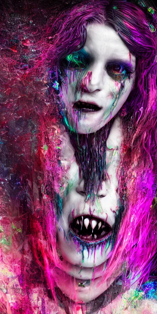 Image similar to impossibly beautiful vampire with large vampire fangs, full body, intricate complexity, horror, psychedelic glitch art, rainbow drip paint, trending on art station, photoreal, 8k, octane render