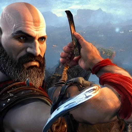 Prompt: kratos taking a selfie after killing zeus in god of war