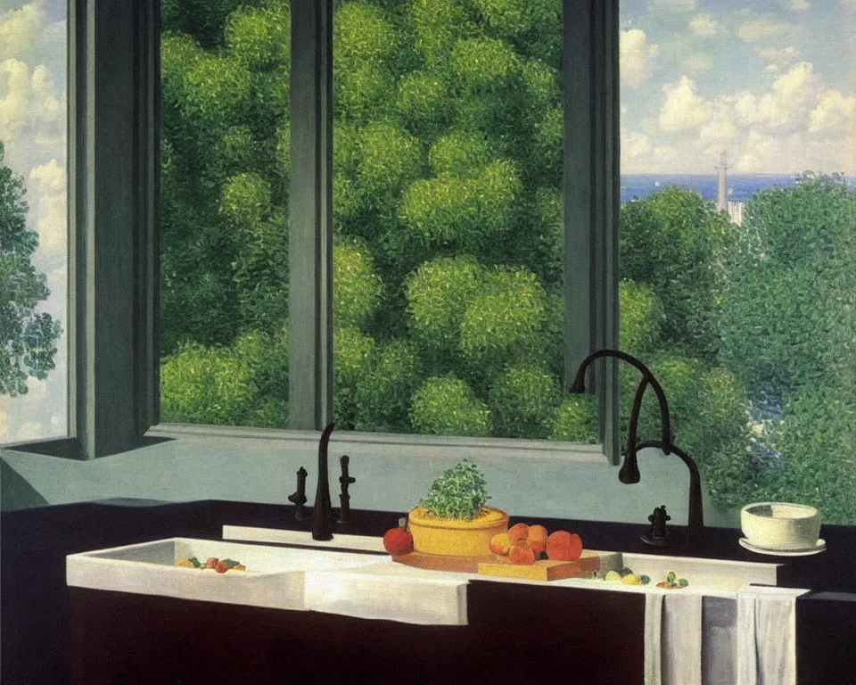 Image similar to achingly beautiful painting of a sophisticated, well - decorated, modern kitchen sink by rene magritte, monet, and turner.