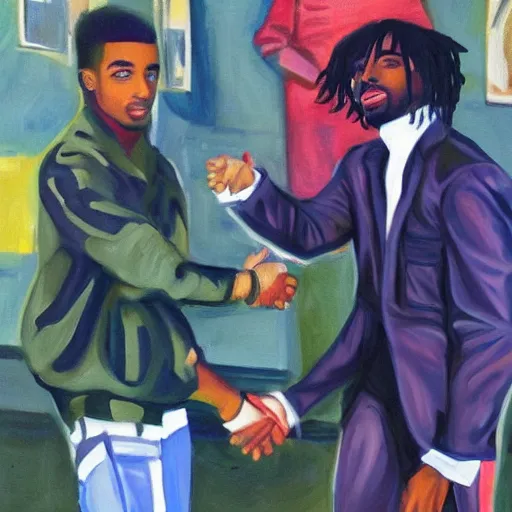 Image similar to painting of Playboi Carti shaking hands with Drake