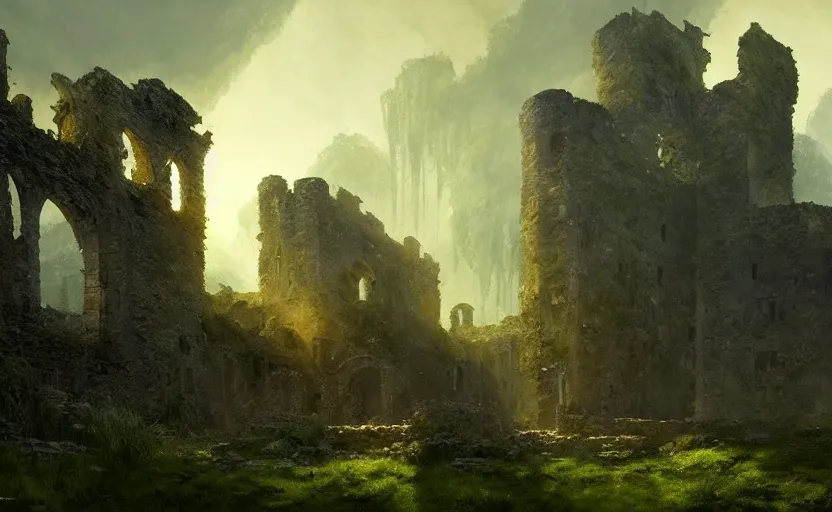 Image similar to ruins of an old castle covered by plants with moody and cinematic lighting by greg ruthkowski and craig mullins and caspar david friedrich, cinematic and atmospheric, concept art, artstation, trending on artstation