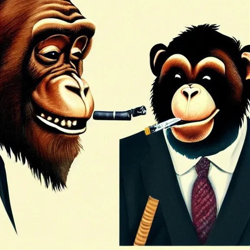 Image similar to a high detail photo of an antropomorphic chimp wearing a suit smoking a cigarrette, subject= chimp, subject detail: wearing a suit, subject action: smoking a cigarrette photorealism