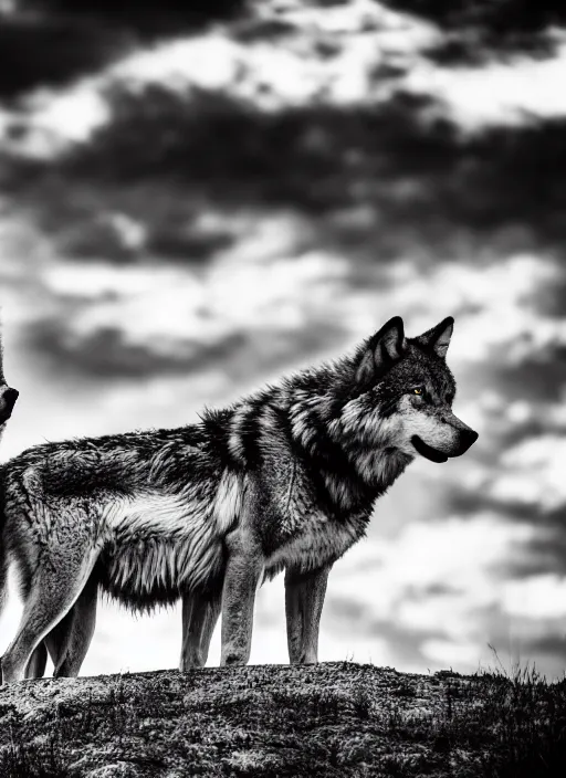 Image similar to two wolves black and white portrait white sky in background