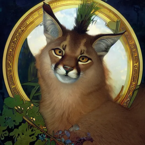 Image similar to laurel wreath lying on top of a cute fluffy caracal head, laurel wreath on his head, 8 k, alphonse mucha, james gurney, greg rutkowski, john howe, artstation