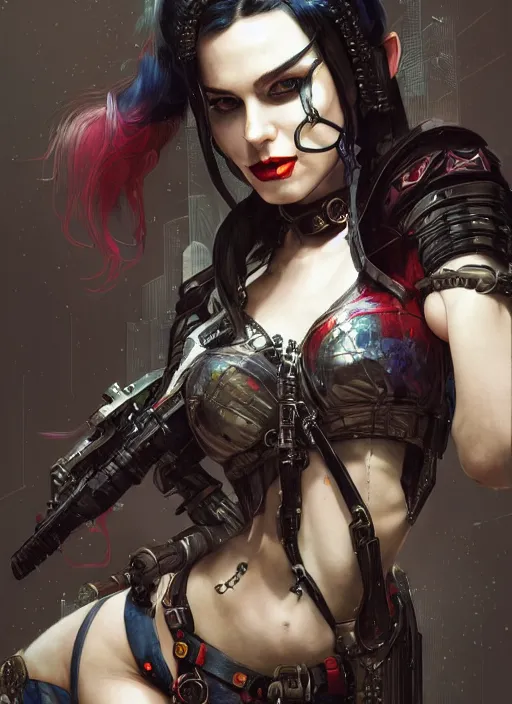 Prompt: a beautiful illustration of cyberpunk elven harley quinn, black hair, intricate, sharp focus, illustration, highly detailed, digital painting, concept art, matte, art by wlop and artgerm and greg rutkowski and alphonse mucha, masterpiece