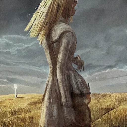 Image similar to Elle Fanning in the painted world of Dark Souls, head and shoulders masterpiece, apocalypse, golden hour, cosmic horror, artstation, in the style of Andrew Wyeth and Edward Hopper and Bosch, extremely detailed