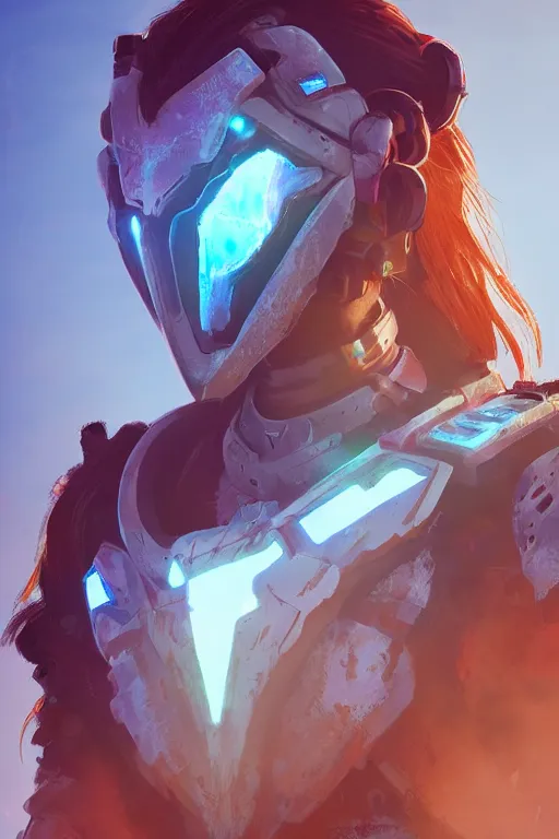 Image similar to combination suit armor aloy horizon forbidden west horizon zero dawn radiating a glowing aura global illumination ray tracing hdr fanart arstation by ian pesty and alena aenami artworks in 4 k tribal robot ninja mask helmet backpack